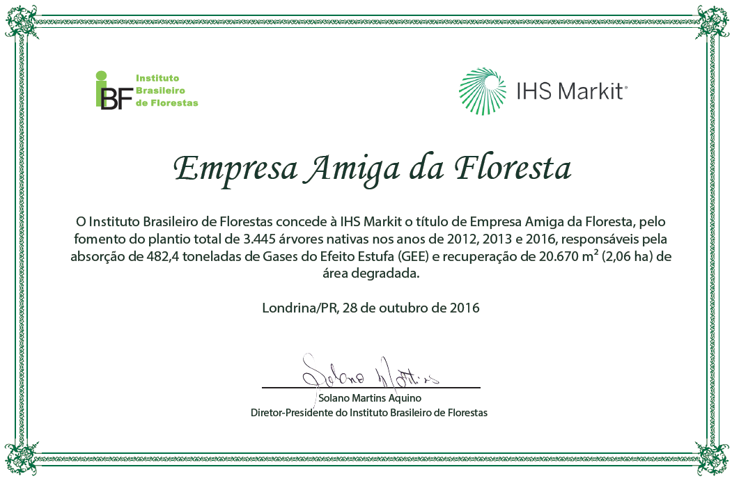 Certificado Empresa Amiga da Floresta IHS Markit